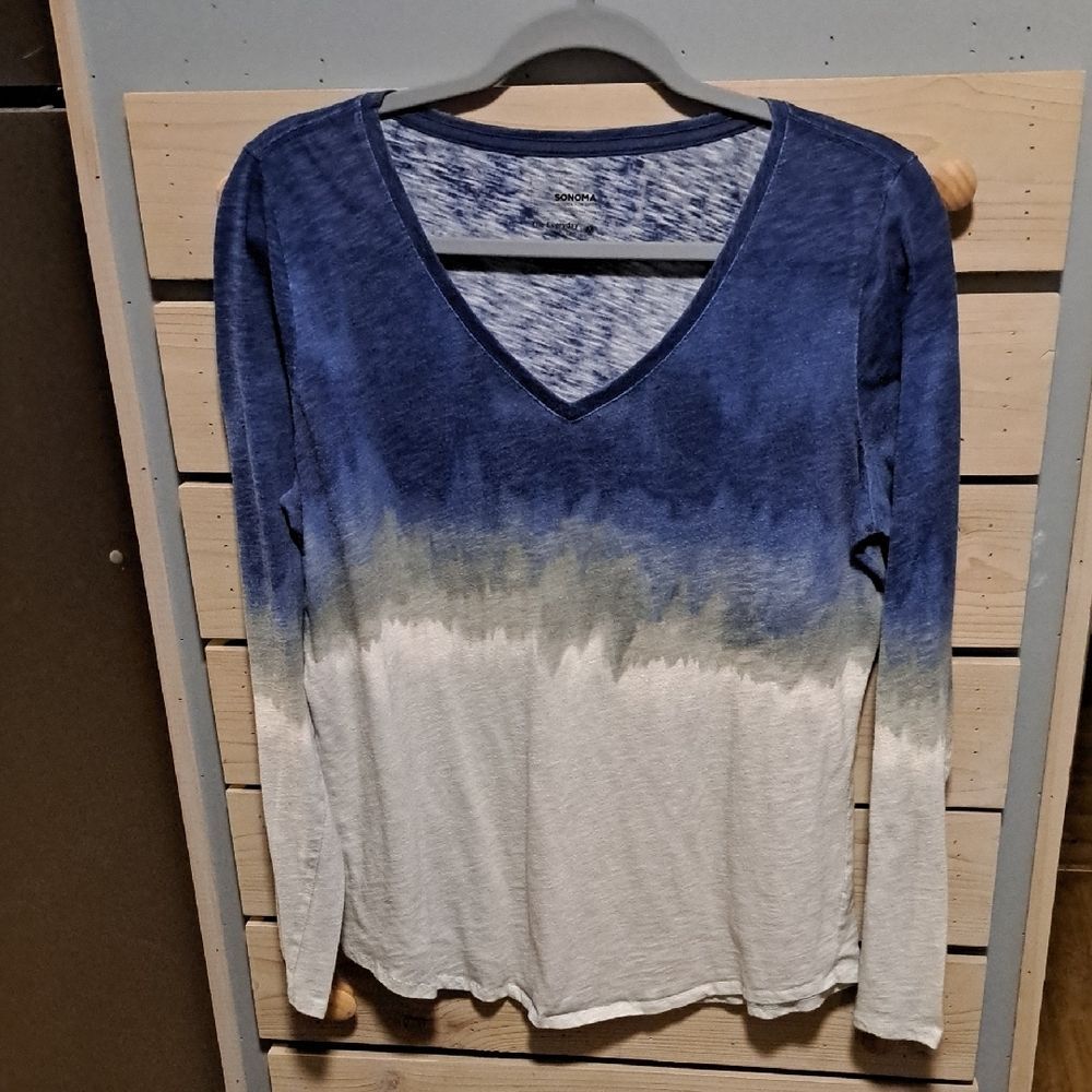 Women's Blue and Grey Ombre Long Sleeve Top
